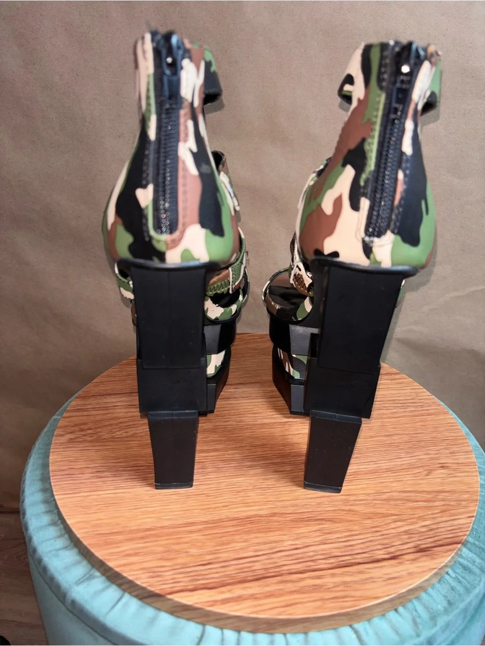Camouflage Platform Strappy Heels with Spike Detail. Size 8
